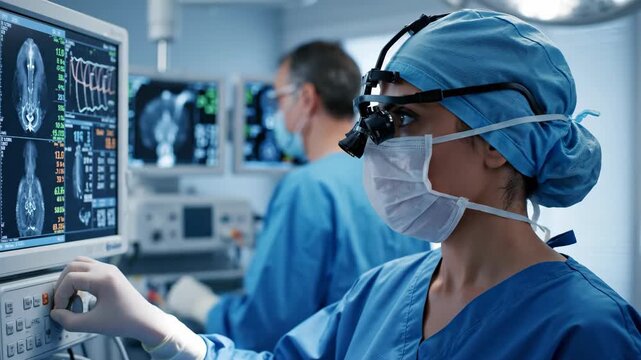 Female surgeon wearing loupes and mask adjusting medical equipment in an operating room. Doctor monitoring vitals and brain scans on screens. Healthcare and surgery concept
