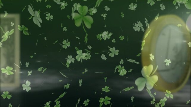 Clovers drifting and swirling euro coin rotating and sliding right, shifting focus to US dollar