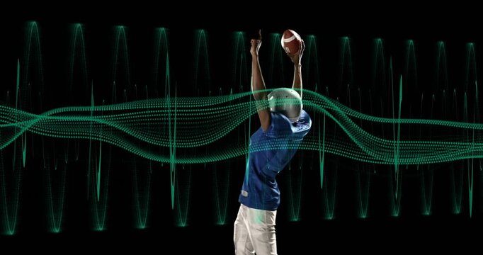 Male football player alternating celebration or throw poses as teal waveform sweeping torso for spor