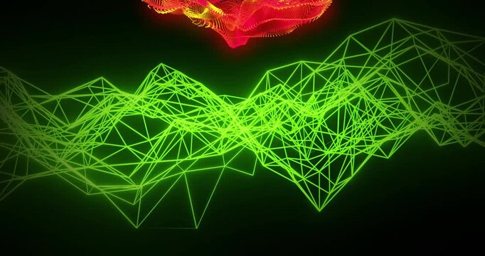 Neon wire mesh moving, reacting to red-yellow point cloud dropping and melding nodes to show fusion