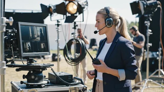 Female director working on a film set and communicating with a walkie-talkie. Professional woman watching a monitor and giving instructions during production. Behind the scenes of the movie industry
