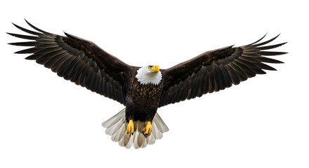 Obraz premium Bald eagle soaring with wings fully spread, isolated on white background. Concept of freedom, wildlife, power, majesty, and bird of prey in natural elegance.