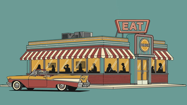 Vintage diner with classic car parked outside at night