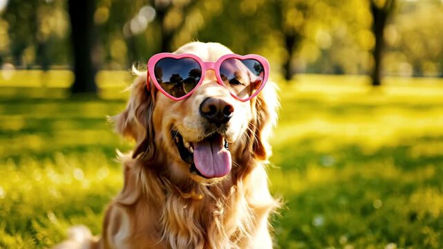 Golden retriever dog wearing pink heart-shaped sunglasses in a sunny park. Happy pet panting and smiling outdoors on a summer day. Funny animal concept