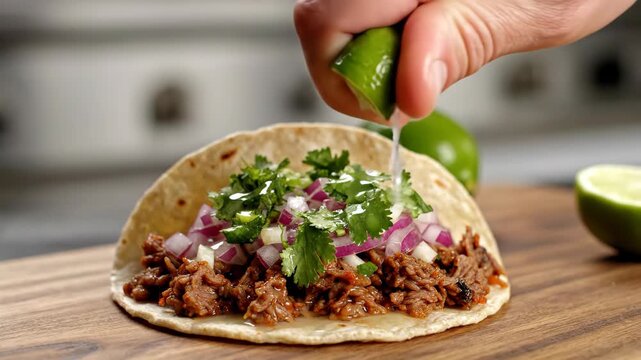 Hand squeezing fresh lime juice onto a beef taco. Close-up of street taco with cilantro and onions on a wooden board. Mexican cuisine and culinary preparation concept