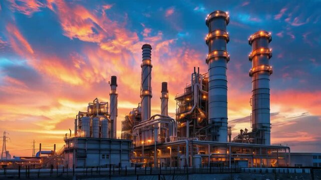An industrial complex with pipes and illuminated towers at sunset illustrates the power of energy, but reminds us of the problem of pollution, which is relevant for discussions about ecology or indust
