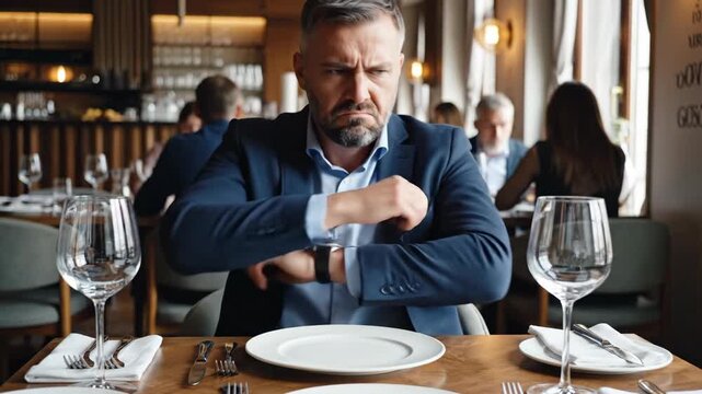Impatient man in a suit waiting at a restaurant table. Businessman checking his wristwatch and looking annoyed. Frustrated customer waiting for service or a late date