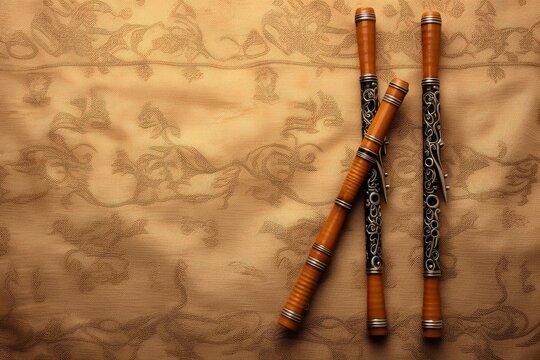 Wooden musical instruments arranged on patterned fabric