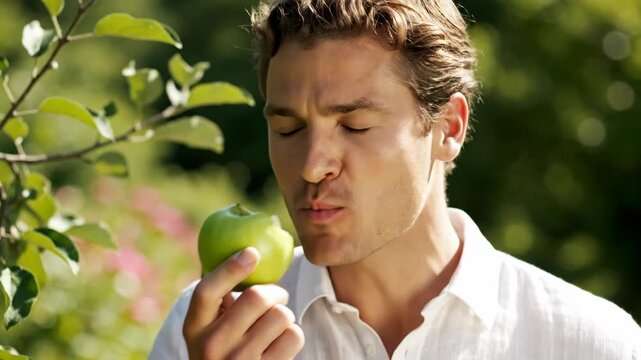 Handsome young man eating a fresh green apple outdoors. A smiling person enjoying a healthy fruit snack in a sunny garden. Health and wellness concept