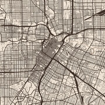 Houston City Map discover intricate refined linework and structured urban grid in this sepia toned minimalist design of the urban landscape, emphasizing refined linework, with balanced composition.