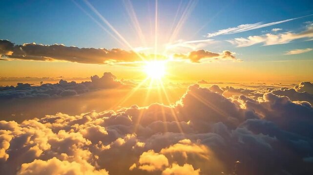 Aerial view of f clouds illuminated by the golden light of the sun.