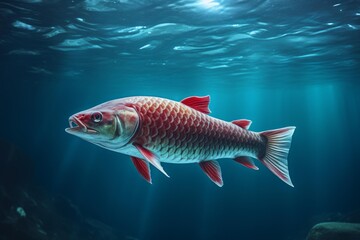 Fototapeta premium Red scaled fish swimming in deep blue water with sunbeams from above