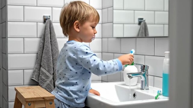 Little toddler boy brushing teeth in bathroom. Child in pajamas standing on step stool at sink. Daily dental hygiene routine