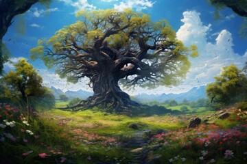 Obraz premium Lush green meadow with vibrant wildflowers leading to a majestic old tree under a bright blue sky