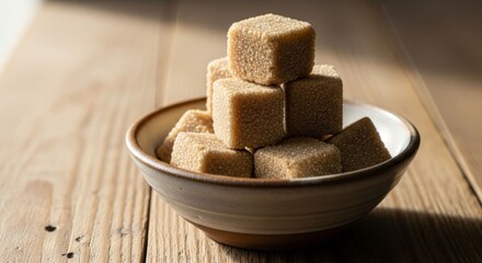 Brown Sugar Cubes Stacked in Bowl on Wooden Table