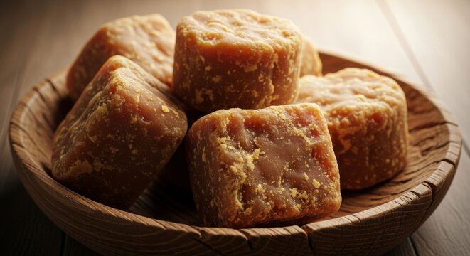 Natural Jaggery Blocks in Wooden Bowl - Unrefined Cane Sugar Sweetener