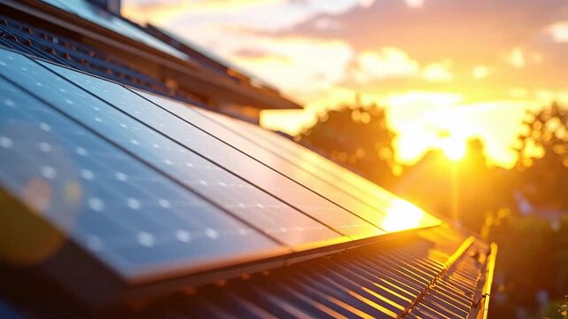 Solar panels on a rooftop gleam in the warm light of the setting sun.