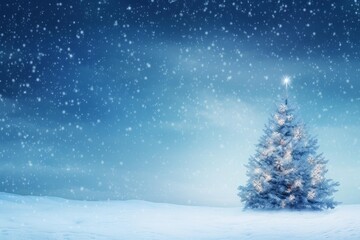 Decorated christmas tree illuminating a serene snowy landscape under a blue sky with falling snow