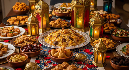 fried snacks and dishes on a table, suggesting Ramadan or Eid festivities, 8k image
