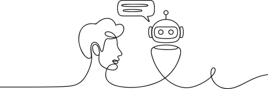 Continuous one line drawing Online communication with chat bot concept. one line Art icon drawing vector