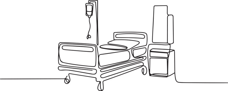 Single one line drawing Hospital room interior with bed and clinic equipment. An empty hospital room concept. one line Art icon drawing vector