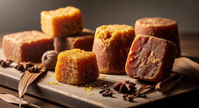 Natural Sugar Blocks and Spices on Wooden Board, Rustic Food Still Life