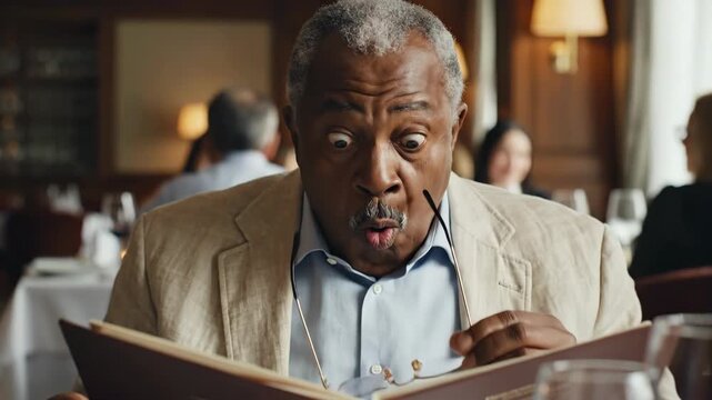 Senior African American man reacting with shock while reading a menu in a restaurant. Elderly man surprised by expensive prices. Disbelief and amazement facial expression