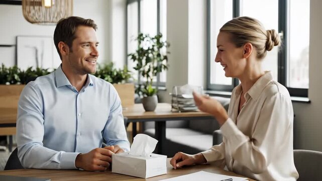 Man comforting crying woman in a modern office meeting. Colleague offering tissue to upset female employee. Empathy and mental health support concept