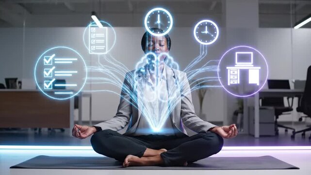 Focused businesswoman achieves mental clarity and workflow synchronization while meditating on a yoga mat surrounded by glowing digital productivity icons