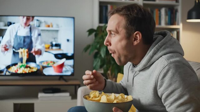 Man eating potato chips on the couch while watching a cooking show on TV. Person relaxing at home in the evening with an unhealthy snack