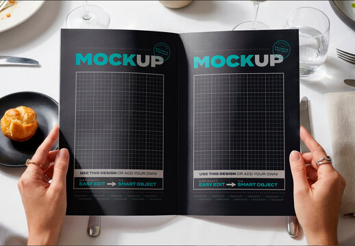 Woman Hands Holding Open Menu Mockup