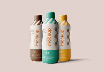 Template Mockup Minimal Water Bottle Packaging Design With Three Overlapping Bottles On Soft Editorial Background Identity