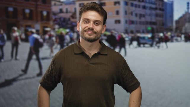 Man smiling with clasped hands and bare forearms, standing in a busy city street plaza; confidence approachability warmth.