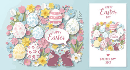Easter day card or gift tag vector templates, floral arrangement with eggs and bow, for banner or poster