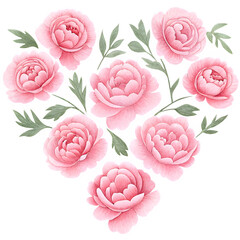 Pink peonies watercolor floral heart arrangement with green leaves for wedding invitations and card