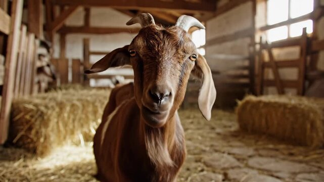 Close-up of a brown goat chewing in a rustic barn. Curious farm animal looking at the camera in a stable. Livestock and agriculture concept
