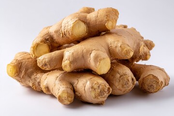 Fototapeta premium Pile of fresh organic ginger roots isolated on a white background for culinary and health concepts