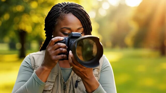 African American woman photographer smiling in a park. Taking a photo with a DSLR camera during golden hour. Professional photography and outdoor hobby concept