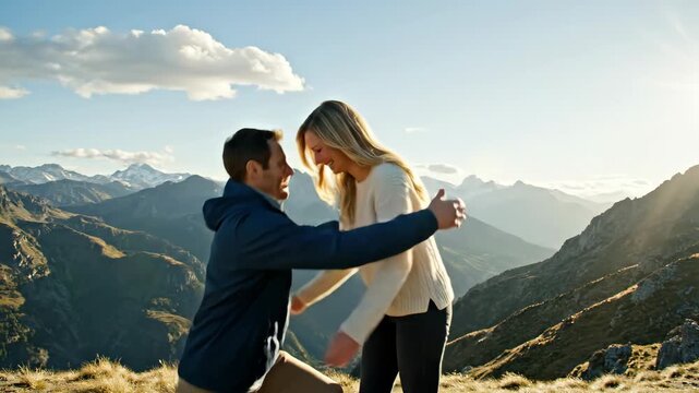 Man proposing to woman on a mountain top at sunset. Kneeling with an engagement ring box. Romantic marriage proposal in the mountains. Couple celebrating engagement with a hug