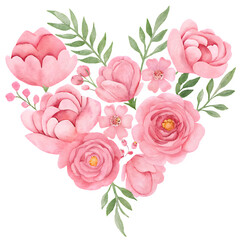 Pink floral heart arrangement with assorted roses and leaves, romantic illustration