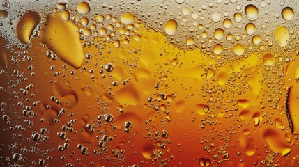 Macro texture of beer bubbles and foam. Golden amber liquid background. Fresh carbonated drink detail