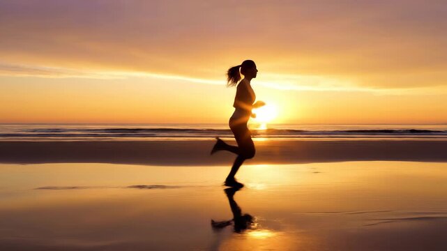 Silhouette of a woman running on a beach at sunset. Female athlete jogging along the shoreline with reflection on wet sand. Fitness and healthy lifestyle concept. Cinematic side view