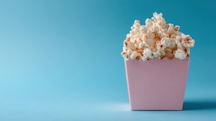 a pink box filled with popcorn on a blue background