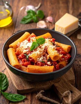 Rustikale Rigatoni al Pomodoro in einer dunklen Schale