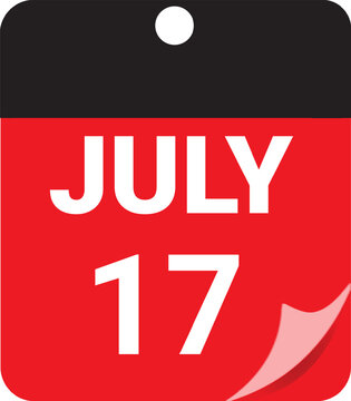  July 17 Calendar Date Icon Vector, Red Daily Planner Page, Modern Calendar Graphic