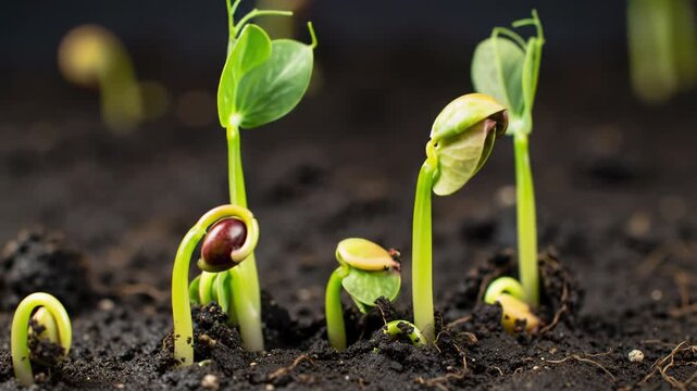 ecu macro time-lapse video captures delicate pea sprouts unfurling from rich dark soil against blurred charcoal bokeh, subtle hints of seedlings. Concept of organic growth