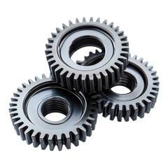 Three black gears placed together with no background shown on transparent background.