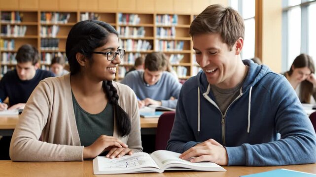 Diverse university students studying together in a library. Young woman explaining a textbook concept to a smiling male classmate. Education and collaboration concept