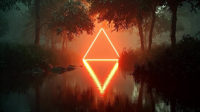 Neon triangle in forest river