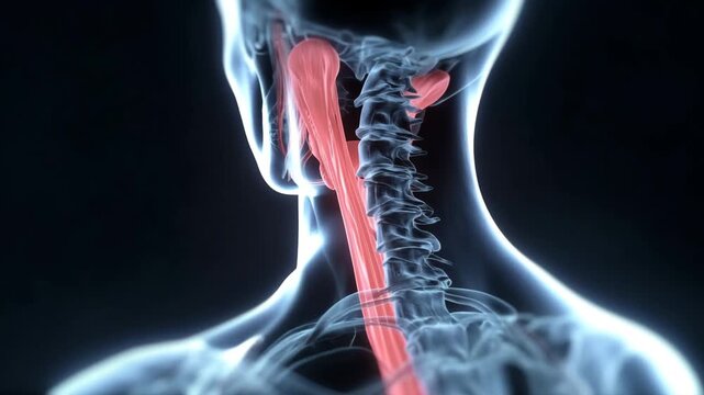 Ultra HD Human throat anatomy, esophagus and pharynx highlighted in red, 3d render of medical scan of neck and upper torso video